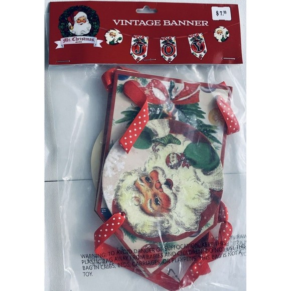 Mr. Christmas Banner JOY Red Green Santa Retro 1950s Look Polka Dot Ribbon 53" - Picture 3 of 9